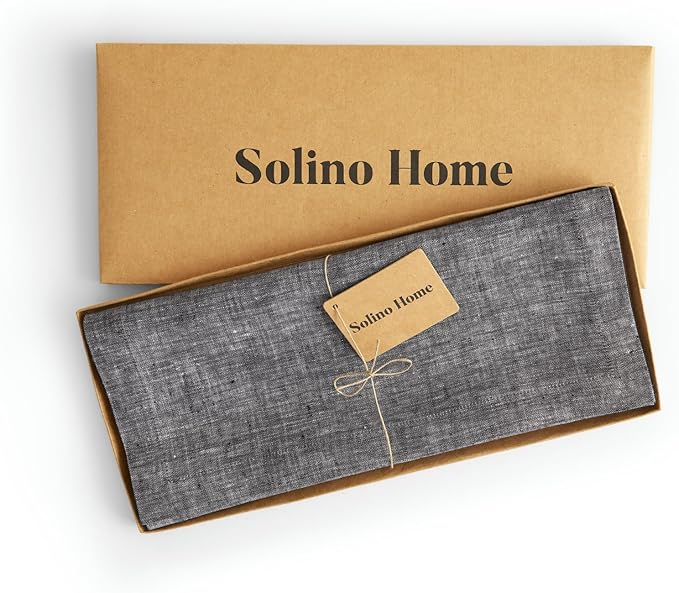 Solino Home Linen Short Table Runner 60 Inches - Athena, 100% Pure Linen Chambray Black Table Runner 14 x 60 Inch Ideal for Dresser and Coffee Tables - Winter