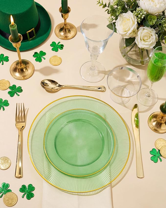 Hioasis 60pcs Green and Gold Plastic Plates - Green Disposable Dinnerware Set, 30pcs Dinner 10.25in & 30pcs Dessert 7.5in Plates with Striped Designs for Party & St. Patrick's Day