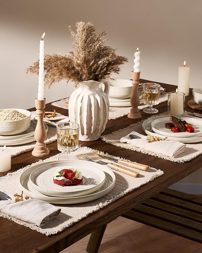 Plates and Bowls Sets for 6 (18-Piece) Stoneware Reactive Glaze Dinnerware with Speckles & Spirals, Chip and Scratch Resistant Flared Dishes Set with Gift Box, Microwave Dishwasher Safe, Shell Beige