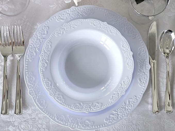 " OCCASIONS " 50 Plates Pack (25 Guests) Vintage Wedding Party Disposable Plastic Plate Set -25x10.25'' Dinner +25x7.5'' Salad/Dessert plates (Portofino Plain Blue)