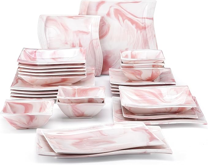 MALACASA Plates and Bowls Sets, 26 Pieces Pink Dinnerware Sets for 6, Porcelain Dinnerware Set with Dinner Plates and Bowls, Serving Platters, Square Dishware Sets, Modern Dish Set, Series Flora