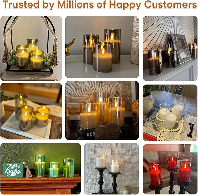 Eywamage Green Glass Flameless Pillar Candles with Remote, Flickering Christmas Battery LED Candles Holiday Decor Set of 3