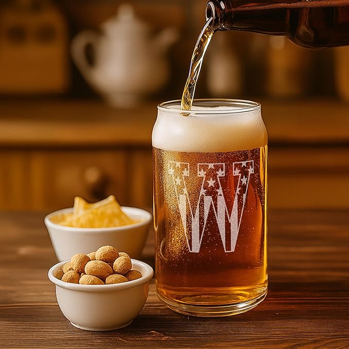Monogram Beer Glasses for Men (A-Z) 16 oz - Beer Gifts for Men Brother Son Dad Neighbor - Unique Gifts for Him - Personalized Drinking Gift Beer Glass Mugs - Engraved Beer Can Glass (W)