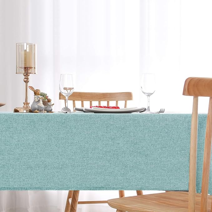 Hiasan 2 Pack Faux Linen Rectangle Tablecloth - Wrinkle and Stain Resistant Washable Table Cloth for Kitchen Dining Room Holiday Table Cover for Party Dinner, Aqua, 60 x 102 Inch