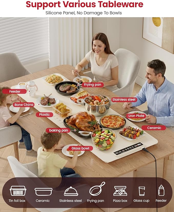 Extra Large Food Warming Mat for Countertop (XXXL 40”x16”) - Full-Surface Heating Pad with 4 Temps Settings, Ideal for Buffet Party Food Warmer, Roll-Up Electric Warming Tray for All Gathering, Beige