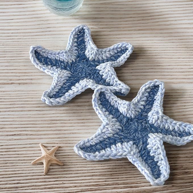 UMIRRO Handwoven Drink Coasters for Coffee Table, Ocean Themed Gifts for Beach Lovers, Coastal Kitchen Decor for Home - Blue Starfish, Set of 2