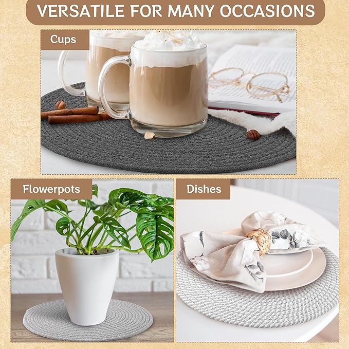 Kochorie Set of 8 Round Woven Cotton Placemats, 13 Inch Boho Table Mats for Kitchen and Dining Table, Farmhouse Heat Resistant Washable Trivets, Fall Thanksgiving Christmas Décor (Mixed Gray)