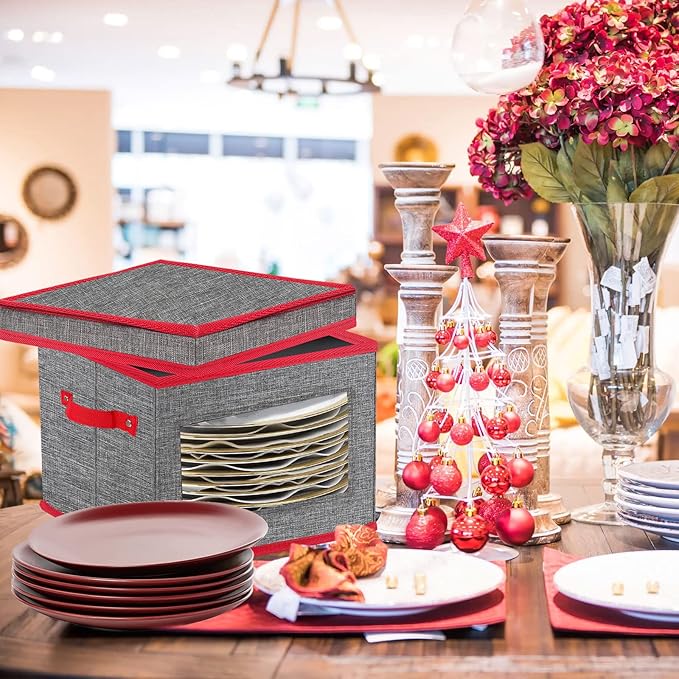 VERONLY Christmas China Storage Containers-Dish Plate Storage Containers Hard Shell and Stackable,Dinnerware Storage with 24 Felt Dividers, Hold 24 Plates,2 PACK (12" W x 8" H)