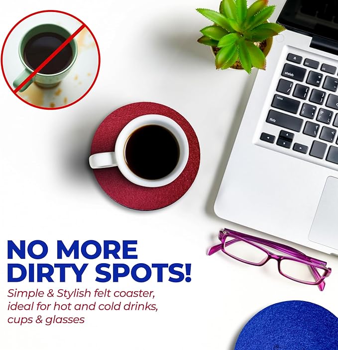 A&A Wonders Premium Felt Coasters for Drink, Two-Tone Reversible, Absorbent Felt Protects Furniture, Table, Anti Slip, Suitable for Drinks & All Table Types (Wine Red/Royal Blue, Circle 12 Pack)