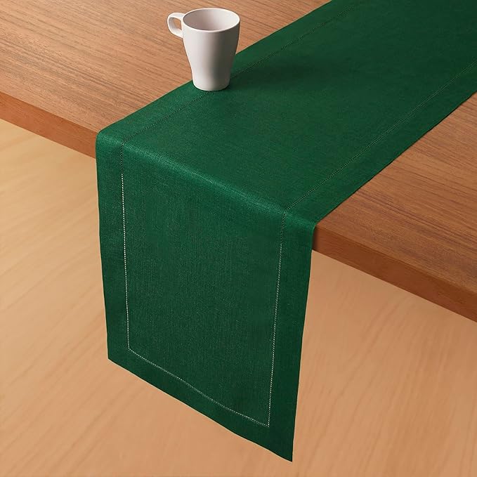 D'Moksha Homes Linen Forest Green Table Runner 84 Inches Long - 100% Pure Linen Table Runner 14 x 84 Inch for St Patricks Day, Easter - Classic Hemstitch