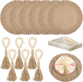 6 Sets Boho Placemats, Round Burlap Placemats Wood Bead Napkin Rings with Dinner Napkins Cloth Natural Burlap Cotton for Kitchen Dining Table Home Wedding