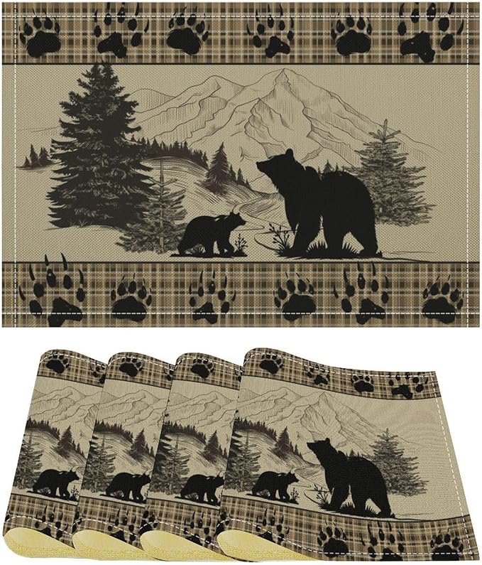 Retro Farmhouse Placemat Set, Rustic Brown Tartan Check Wildlife Bear Paw Silhouette Sketch Pine Tree Forest Pattern Home Decoration Linen Table Mats for Dining Room Kitchen Party (17x12in) x4P