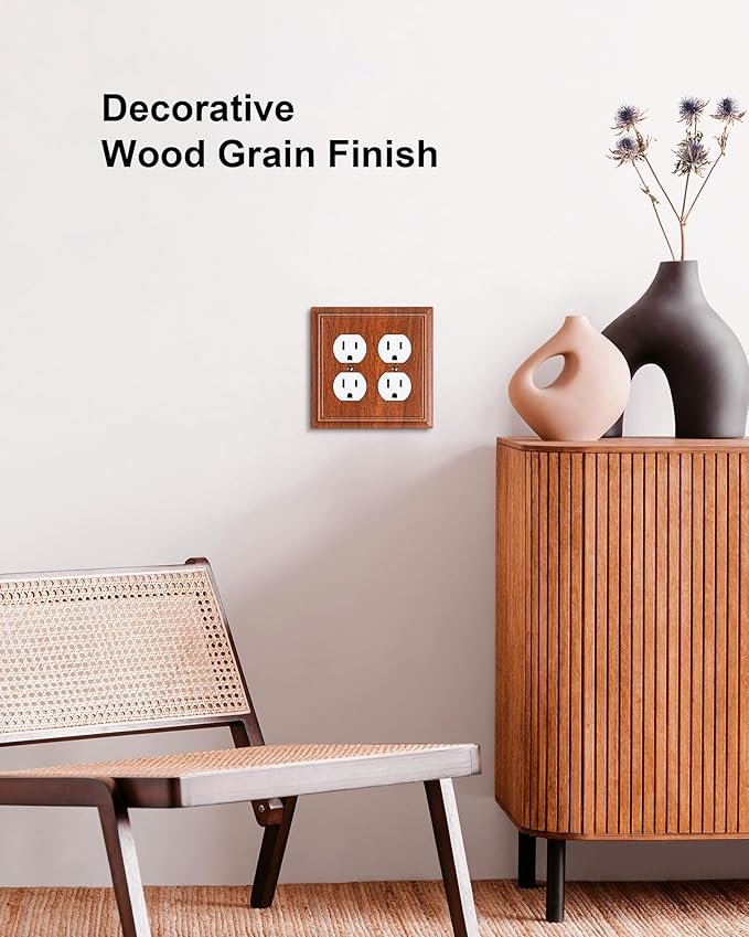 2-Pack Double Duplex Outlet Cover, Wood Grain Decorative Switch Plates and Outlet Covers for Electrical Outlets, Durable Natural Bamboo Fiber Wall Plates, 2 Gang Receptacle Cover