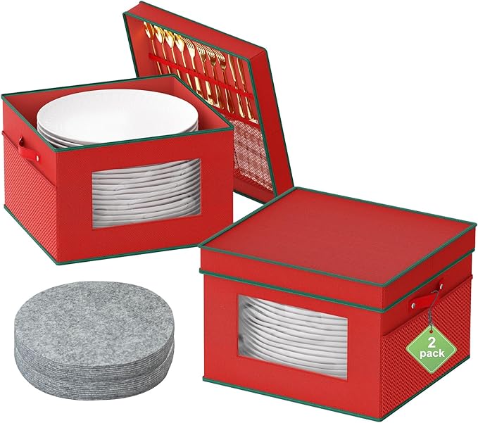 VERONLY China Storage Containers 2-Pack for Christmas and Holiday Dishes, Hard Shell Stackable Box with Felt Dividers, Holds 24 Fine Dinner Plates,Red