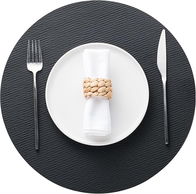 Jovono 15" Faux Leather Big Round Placemats Set of 8 - Washable Heat Resistant Non-Slip Dining Table Mats with Fabric Texture for Kitchen Home Party Decor, Black