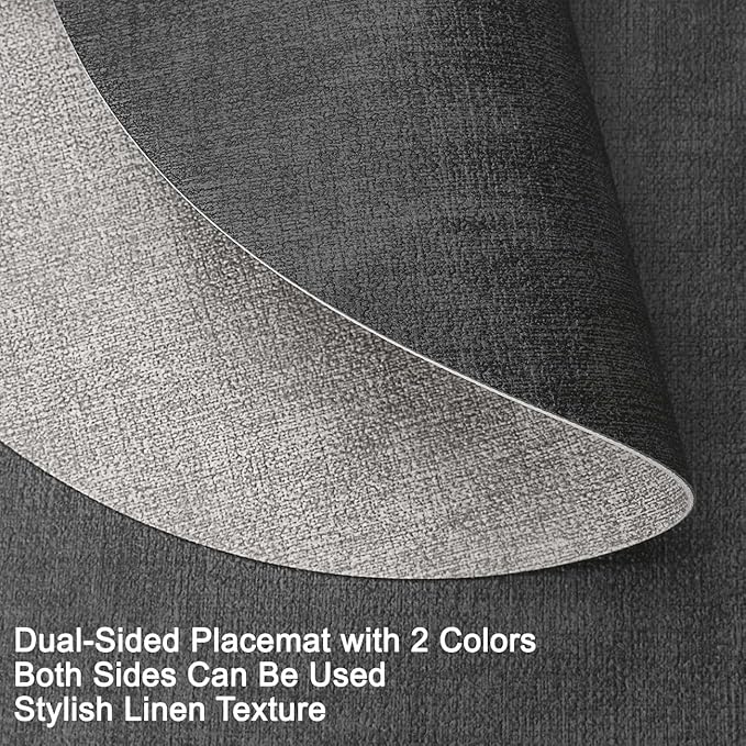 Placemats and Coasters, Washable Placemats Round Faux Leather Wipeable Place Mats Non Slip Heat Resistant Indoor Outdoor Table Mats (Set of 6, Light Gray Gray)