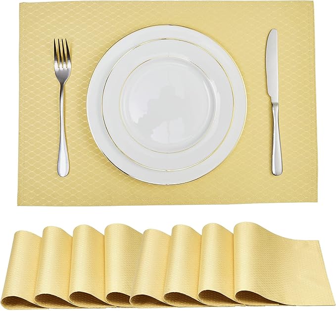 Place Mats Set of 8 – Rectangle Rectangular Waterproof Fabric Polyester Cloth Washable Wipeable Heat Resistant Placemats for Kitchen Dining Dinner Table Indoor 13 x 19 Inch Gold