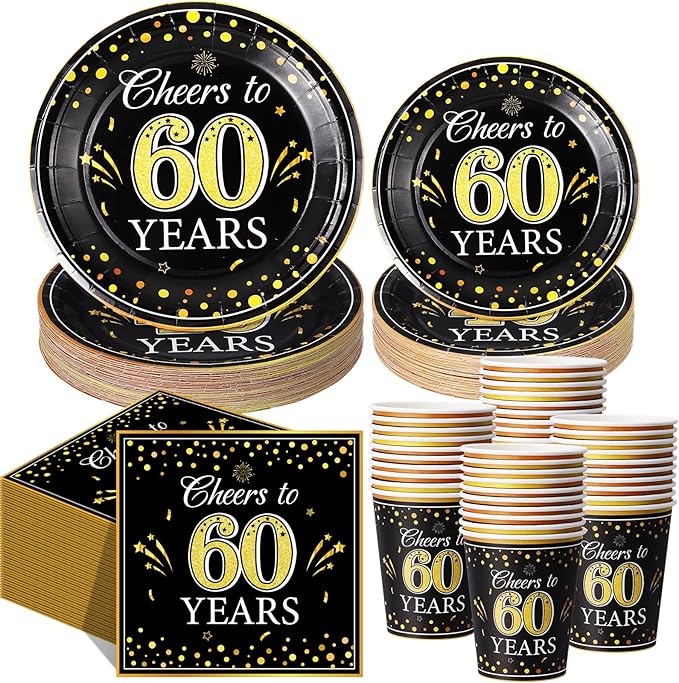 Pickmesh 250 Pcs 60th Birthday Disposable Tableware Set Black and Gold Cheers to 60 Years Disposable Paper Plates Napkins and Cups for 60th Birthday Wedding Anniversary Party Supplies Decorations