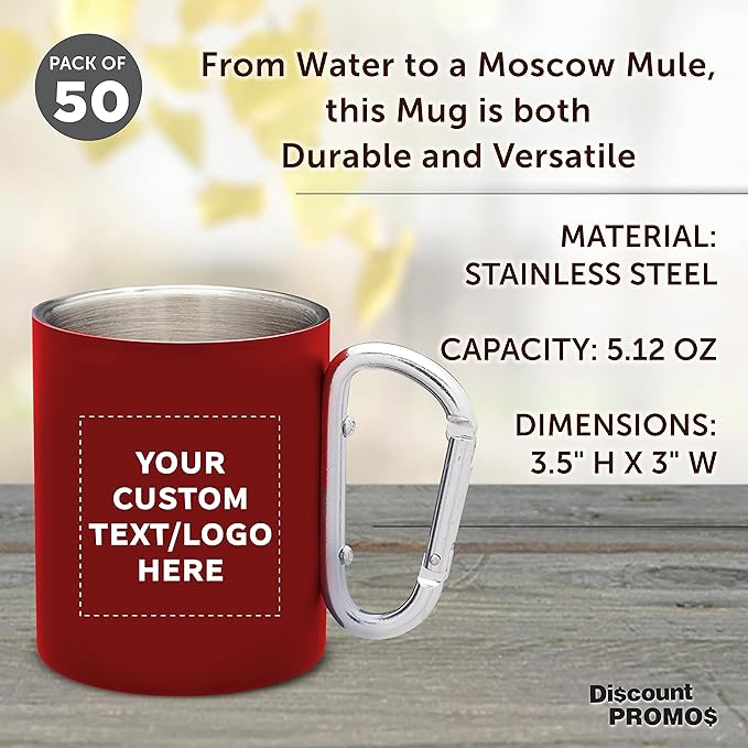 Custom Stainless Steel Mugs with Carabiner Handle 10 oz. Set of 50, Personalized Bulk Pack - Perfect for Coffee, Soda, Other Hot & Cold Beverages - Red