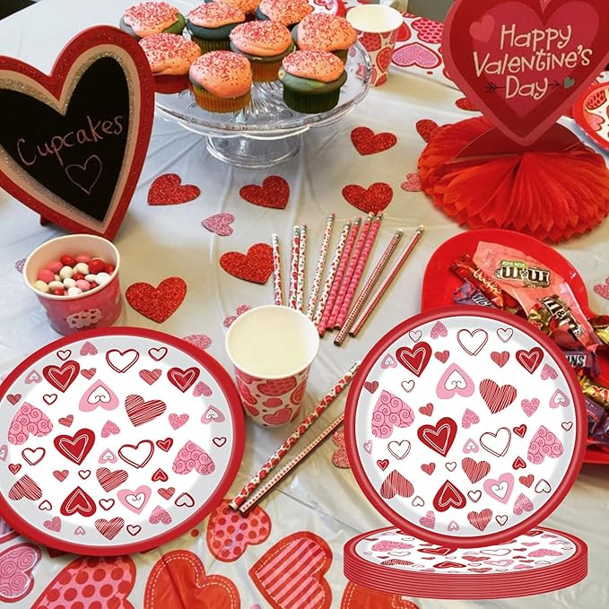 24Pcs Valentines Paper Plates Red Lovely Heart Love Dessert Disposable Paper Plates for Engagements Weddings Anniversary Birthday Tableware Party Supplies Decorations
