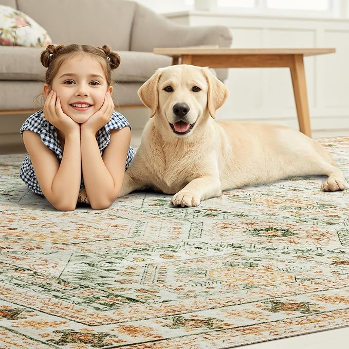 Washable Area Rug 8x10, Large Soft Rugs for Living Room Green Yellow Carpet 8x10 Area Rugs for Bedroom Dining Room Non-Slip Stain Resistant Rug