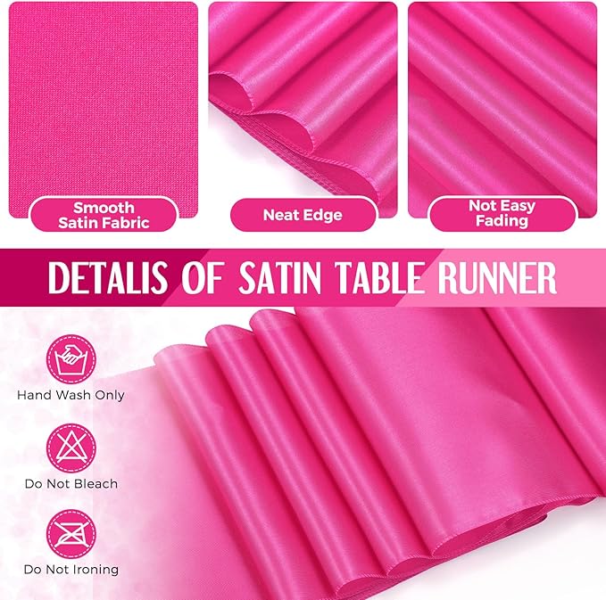 Breling 8 Pack White and Hot Pink Disposable Plastic Tablecloths and Satin Table Runner Set, 54 x 108 Inch Tablecloth, 12 x 108 Inch Table Runners for Birthday Baby Shower Wedding Graduation