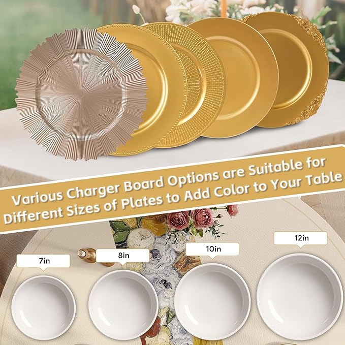 PROY 100 Pcs 13 Inch Gold Charger Plates Bulk, Elegant Fluted Edge Plastic Charger Plates Reusable Table Chargers, Round Gold Chargers Dinner Plate Wedding Decoration