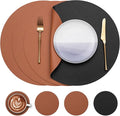 Myir JUN Round Placemats Set of 4 Faux Leather Place Mats and Coasters 15 inch Round Table Mats Dual Sided Non-Slip Stain Resistant Placemats (Black & Brown, Set of 4)