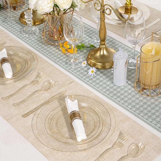 350 PCS Transparent Base With Pink Tint Plastic Dinnerware Set for 50 Guests, 100 Plates for Party, 50 Pre Rolled Napkins with Gold Silverware, 50 Cups