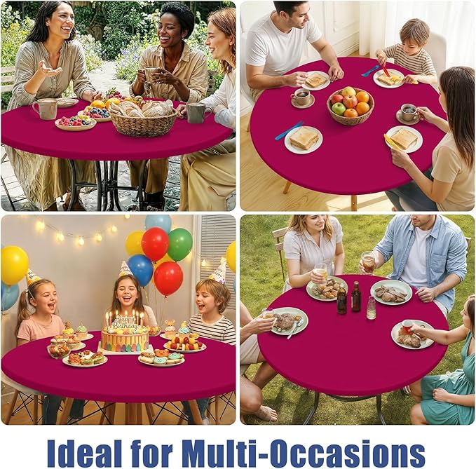 Round Spandex Tablecloth, Elastic Fitted Waterproof Tablecloths for 57"-68" Tables, Stretch Washable Picnic Table Cover for Camping, Dining, Indoor and Outdoor, Fuchsia
