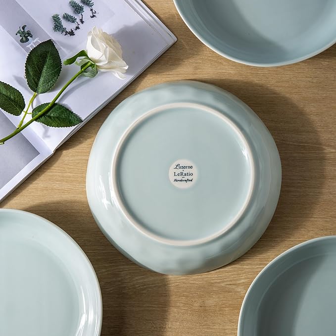 LERATIO 9.75 Ceramic Flat Pasta Bowls,Wavy Rim 38oz Large Wide Bowls Set of 4 for Kitchen,Modern Porcelain Stoneware pasta bowls,Dishwasher & Microwave & Oven Safe Bowls with for Pasta