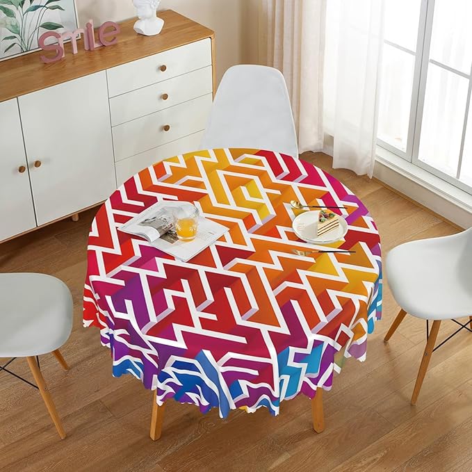 Laeacco 60 Inch Maze Round Tablecloth Colorful Labyrinth Texture Modern Geometric Abstract Art Print Table Cloth Washable Waterproof Wrinkle Free Table Cover for Kitchen Dining Picnic Party Decor