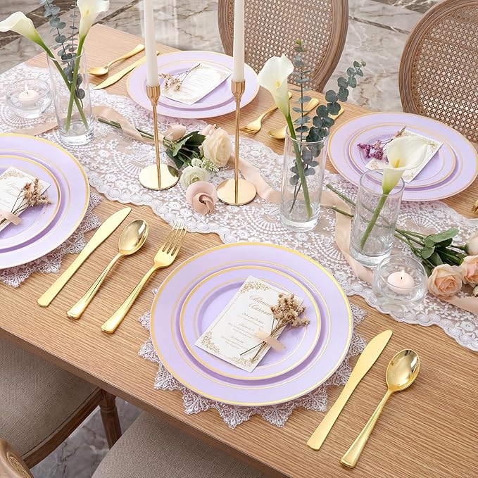 350PCS Purple Plates Disposable - Purple Plastic Plates 50Guests Lavender Disposable Dinnerware Sets with Rolled Napkins for Wedding/Birthday/Baby Shower/Easter