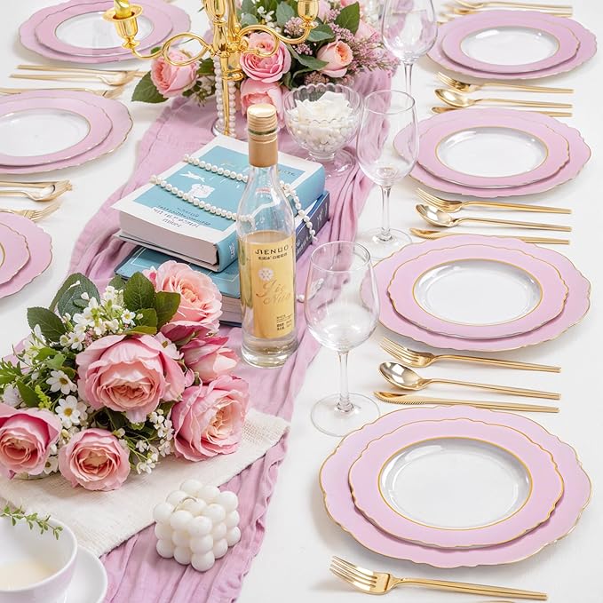 WDF 60Pcs Pink Plates Disposable with Gold Rim - Baroque Clear Pink and Gold Plastic Party Plates Ideal for Wedding, Valentine's Day