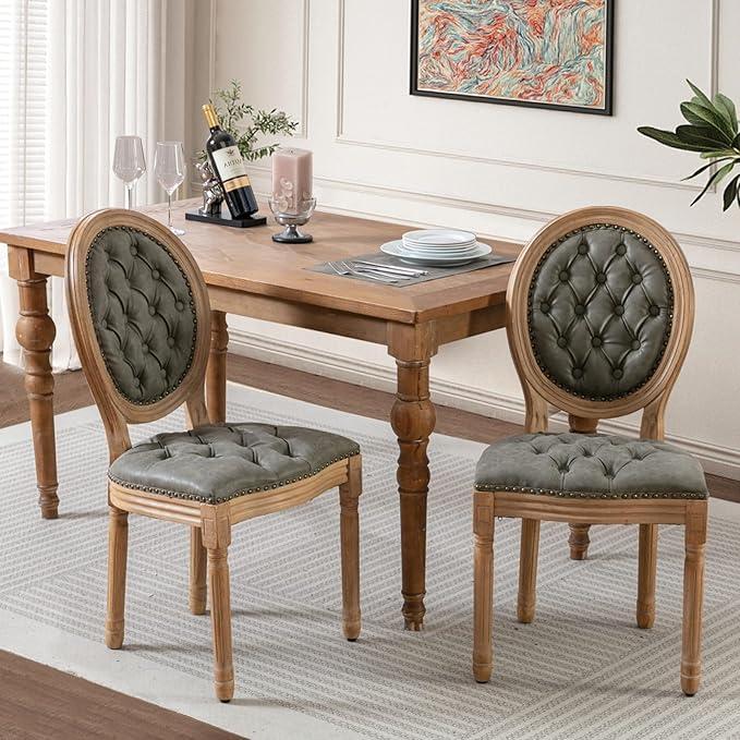 SoarFlash French Dining Chairs Set of 2, Vantage Dining Chair with Round Back, Wood Leg Farmhouse Country PU Leather Dining Chair for Kitchen,Bedroom,Green