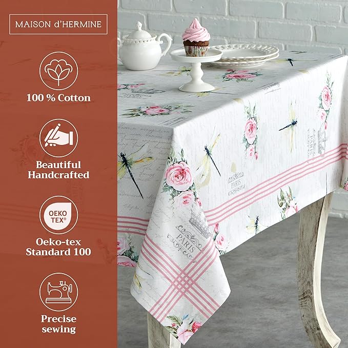 Maison d' Hermine Table Cloth Rectangle Table 100% Cotton 60 x 120 Inches Tablecloth Reusable Decorative for Dining Room Farmhouse Home Valentines Day Decorations Spring Summer - Champ De Mars