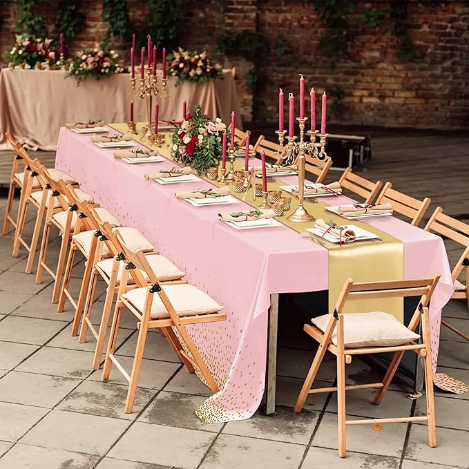 Breling 8 Pack Pink and Gold Disposable Plastic Tablecloths and Satin Table Runner Set, 54 x 108 Inch Tablecloth, 12 x 108 Inch Table Runners for Wedding Graduation Birthday Baby Shower