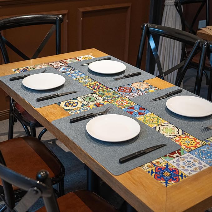 Heat Resistant Placemats Set of 4, 17x12in Waterproof Wipeable Faux Leather Non Slip Table Mats, Easy to Clean, Stain Resistant, for Kitchen Dining Room– Charcoal Blue