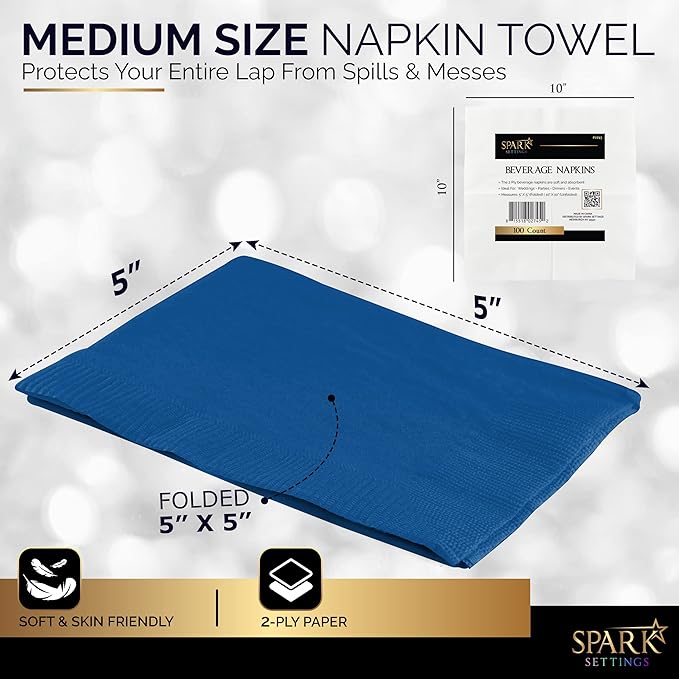 100 Pack Royal Blue Beverage Napkins, Big Party Pack, 2 Ply, Ideal for Wedding, Party, Birthday, Dinner, Lunch, Cocktails. (5” x 5”) by Amcrate