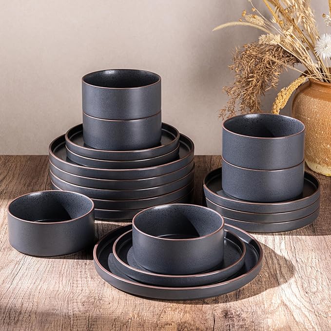 LERATIO Ceramic Dinnerware Sets for 6, High Edge Stoneware Plates and Bowls Set, Chip and Crack Resistant | Oven & Dishwasher & Microwave Safe Dishes Set, Service for 6 -Ashen