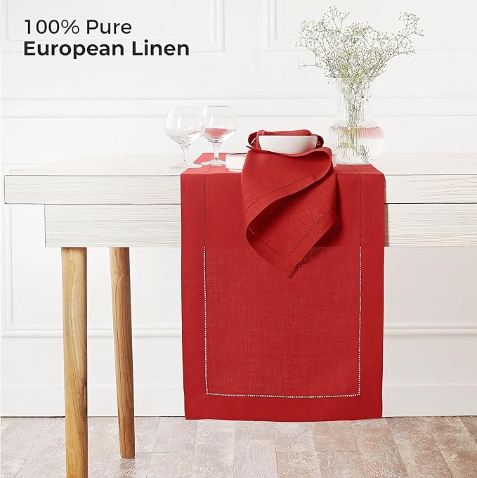 D'Moksha Homes Linen Bright Red Table Runner 36 Inches - 100% Pure Linen Small Table Runner 14 x 36 Inch Ideal for Dresser, Coffee Tables, Valentines, Spring, Easter - Classic Hemstitch