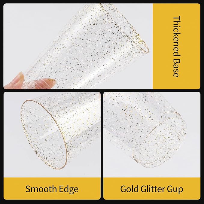 Goodluck 10 oz 50 PCS Gold Glitter Plastic Cups, Disposable Glitter Cups, Elegant Plastic Cocktail Glasses, Fancy Party Cups for Wedding, Birthday, Holiday