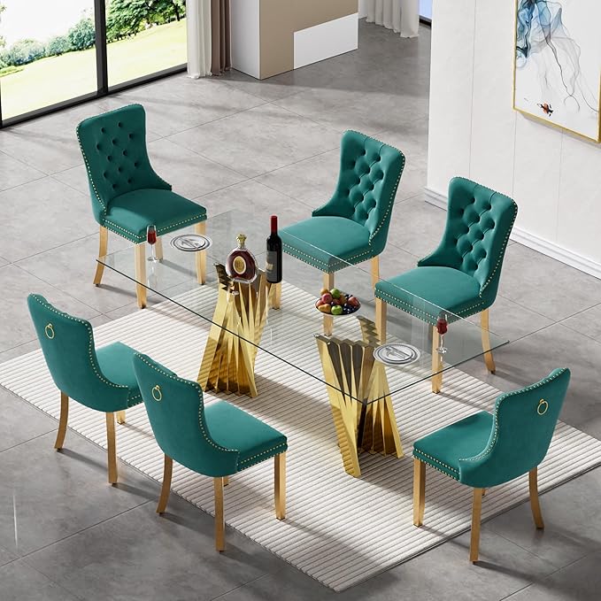 7 Piece Glass Dining Table Set,70" Dinner Room Glass Table Set for 6,Modern Kitchen Dinner Table Set with Stainless Steel Base and 6 Upholstered Velvet Dining Chairs for Living Dining Room
