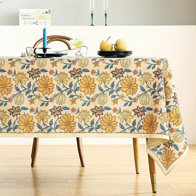 ISAENNE Designer Bohemian Floral Long Rectangle Table Cloth,Linen Colorful Tablecloth,Wrinkle Resistant Decor Tablecloths for Dining Thanksgiving Kitchen Party Christmas,63"*94"-Estevan B