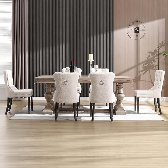 KCC Boucle Dining Chairs Set of 4, Upholstered High-end Tufted Dining Room Chair with Nailhead Back Ring Pull Trim Solid Wood Legs, Contemporary Nikki Collection Modern Style for Kitchen, Cream