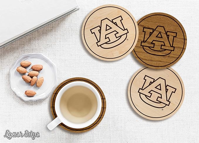 LazerEdge Auburn Tigers Wooden Coaster Set - Cherry Wood - Officially Licensed Product - 4-Pack