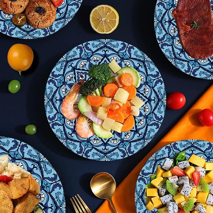 ZULYSTO 100 Pack Boho Paper Plates (50×7"+ 50×9") – Disposable Plates for Party, Vintage Bohemian Style Dessert Dinner Plates Plate Set for Daily Use, Holiday, Picnic (Blue)