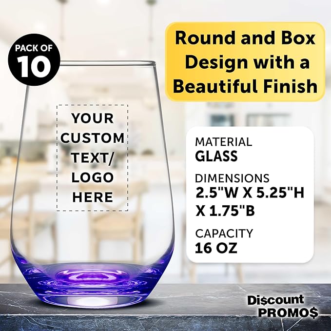 DISCOUNT PROMOS 10 Vaso Silicia Stemless Wine Glasses Set, 16 oz. - Personalized Text, Logo - Clear, Orb-Like, Thick base - Purple
