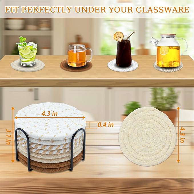 8 Pcs Drink Coasters, Minimalist Cotton Woven Coaster Set, 4 Colors Absorbent Coaster Protection Protection for Various Cups, Ideal for Coffee Tables and Home Decor Tabletop, 4.3 Inches