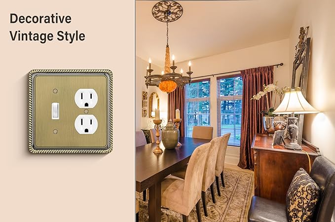 Henne Bery Rope Edge Decorative Wall Plate Switch Plate Outlet Cover (Toggle/Duplex, Antique Brass)